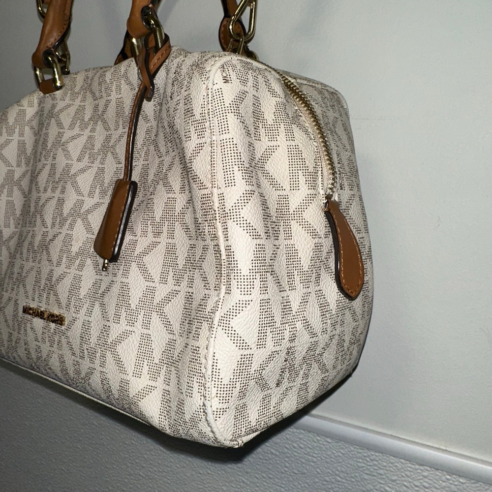Michael Kors Monogram Kirby Satchel Bag Beige/Brown Vanilla/Acorn MK Logo Purse - Picture 13 of 16